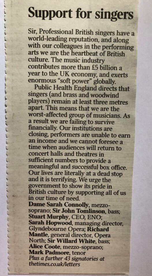 SielingGary's tweet photo. A letter in 'The Times' today, signed by 51 outstanding singers and opera companies. Please RT widely so that everyone is aware.
#singing #Covid19UK #supportsingers https://t.co/sp7H9clUKu