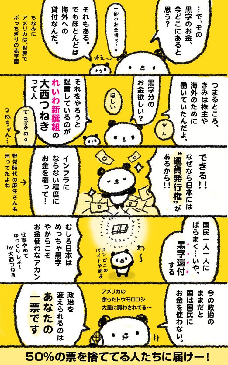 日本は世界一のお金持ちの国だそうです。目から鱗がポロンポロン。

れいわ新選組の大西つねき氏の動画の内容前半部分を漫画にしました꒰ ՞•ﻌ•՞ ꒱もうすぐ選挙なのでいろんな人に見てもらえると嬉しい…
https://t.co/k1Co2zrggr
#選挙に行こう #東京都知事選 