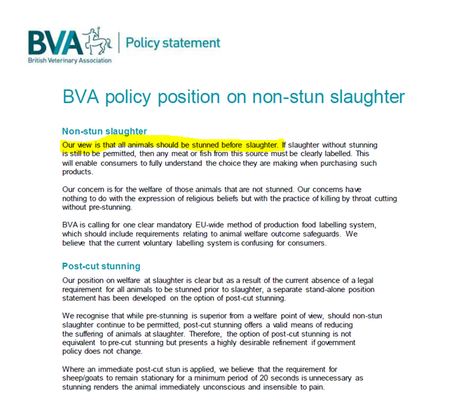 They also have a policy statement, in which they express the “view” that all animals should be stunned before slaughter... a position for which they cite… precisely no evidence at all. 38C.