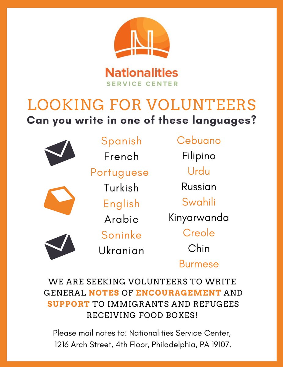 RPCVsServing's tweet image. Want to volunteer at a distance? Write in any of the languages listed? Join us in writing notes of support for immigrant &amp;amp; refugee clients receiving food boxes during COVID-19. @NSCPhila 

Send to: Nationalities Service Center: 1216 Arch Street, Floor 4, Philadelphia, PA 19107.