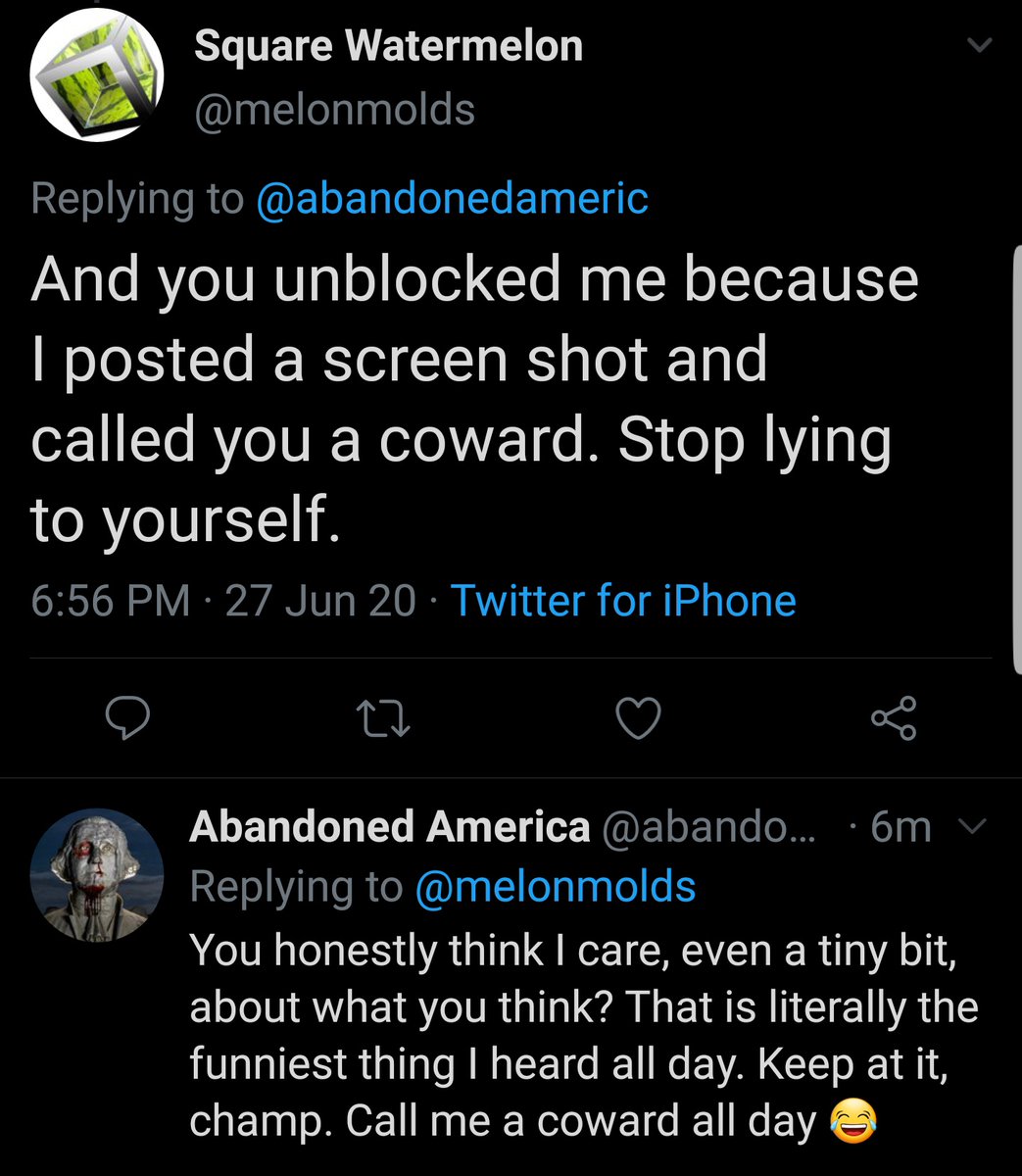 Look, I'm not much into sharing drama but this watermelon mold monger telling me they're entitled to not be blocked & thinking that I am deeply hurt by them calling me a coward for doing so has truly been a highlight of my day. God bless you, internet, what will you think of next