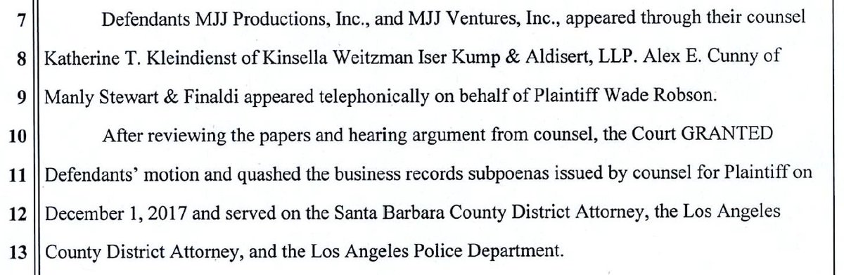 In the end, the judge heard arguments from both sides and agreed with MJ's defense that all three of these Finaldi-issued subpoenas were to be quashed and invalidated.As Spence argued, Finaldi's entire case hinges on "needle in a haystack" theories lacking any foundation.