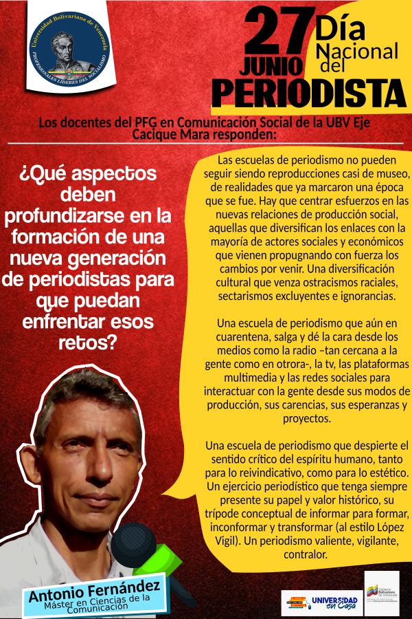 UBVEjeCaciqueM1's tweet photo. En este #DiadelPeriodista, el profesor Antonio Fernández, de @ComSociaUBVZul, pregunta: ¿Quién inventará la vacuna contra las fake news?

¿Qué responderemos?, ¿Reprobaremos? Conoce sus propuestas salvadoras en 👇https://t.co/WXj5a2zYha 

@unibolivariana  @MPNecesario @RNV_Zulia https://t.co/DUUa3Wlivx