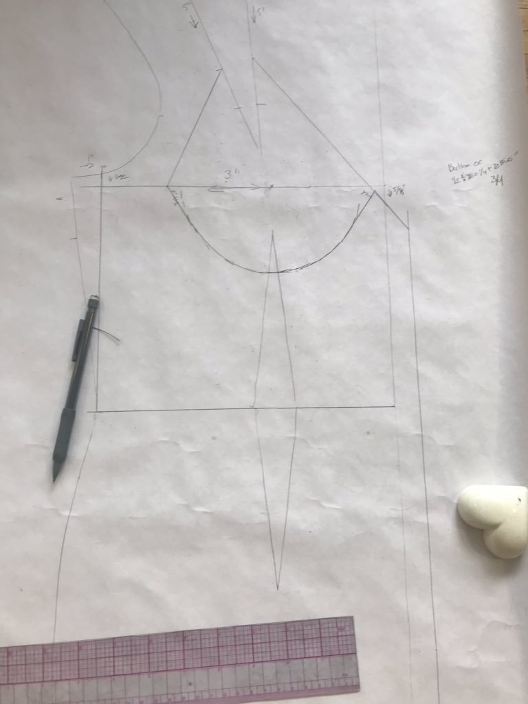 For the bust cups I extended the cup by 1/2” on both sides to make the curve nicer. I then added the extension for the buttons. You want to keep buttons in the centre of your project, so you need to add half of the button’s width to the outer edge to not loose space.