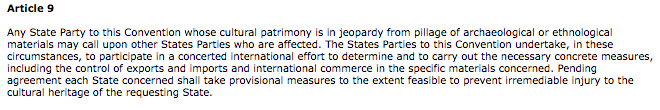 In addition, mss are covered as ethnological objects in Article 9, which applies only to archaeological and ethnological objects. In the U.S., it's article 9 we use to enact Memoranda of Understanding/Bilateral Agreements that we now have with 20+ countries.