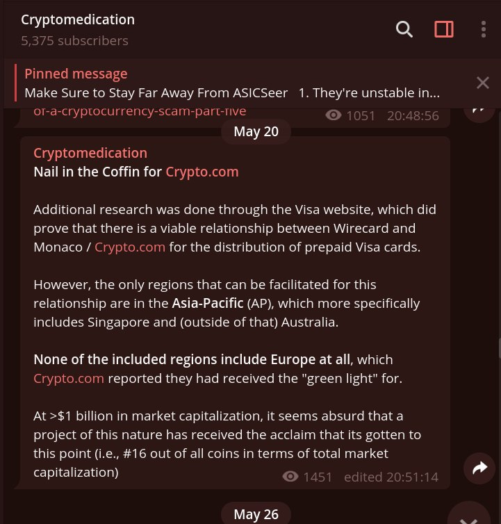 1a/ Notably, in our Telegram channel ( http://t.me/librehash ), we published research on May 20th, 2020 (a month prior to their announcement), explaining why  http://crypto.com 's prior announcement claiming that they had received the "green light" for the EU was bogus