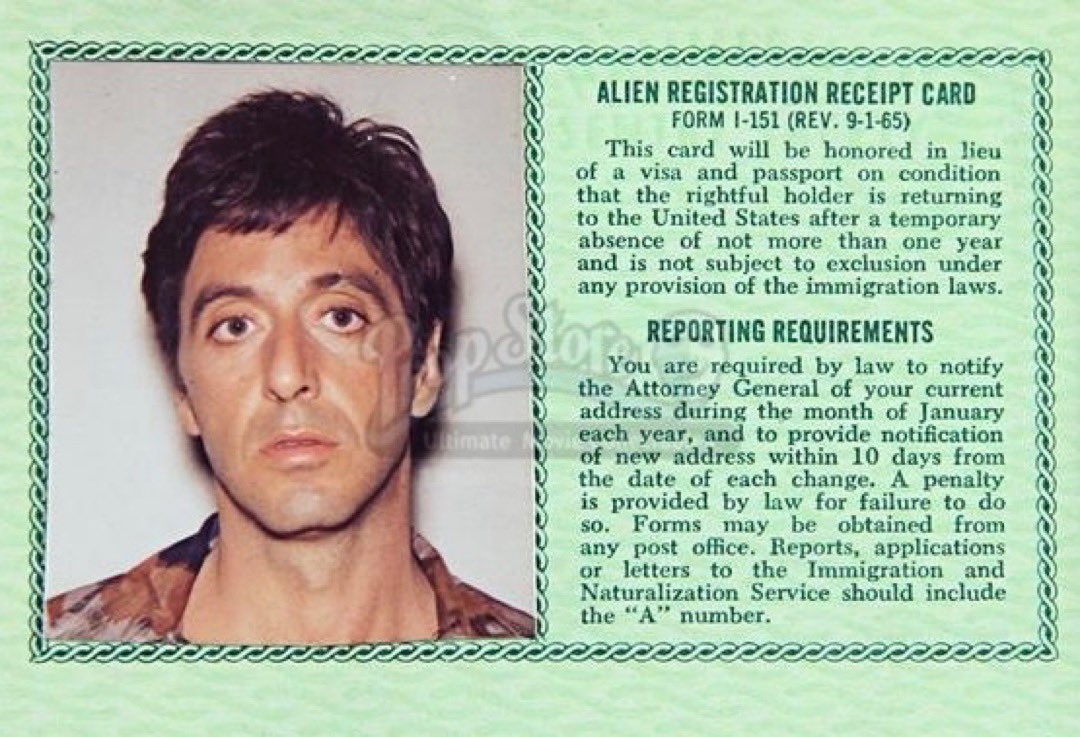 ddoniolvalcroze's tweet photo. Scarface, Tony Montana’s greencard https://t.co/Kv1dqPs179