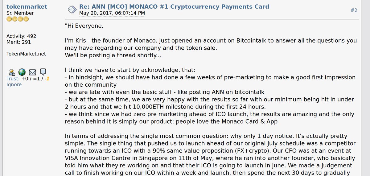 2/ *Quick Background Information*  http://Crypto.com  (formerly Monaco) is a project whose premise is to allow users to spend cryptocurrency at various retailers / stores using a Visa debit card in a traditional manner (with the added option to pay w crypto vs. fiat)