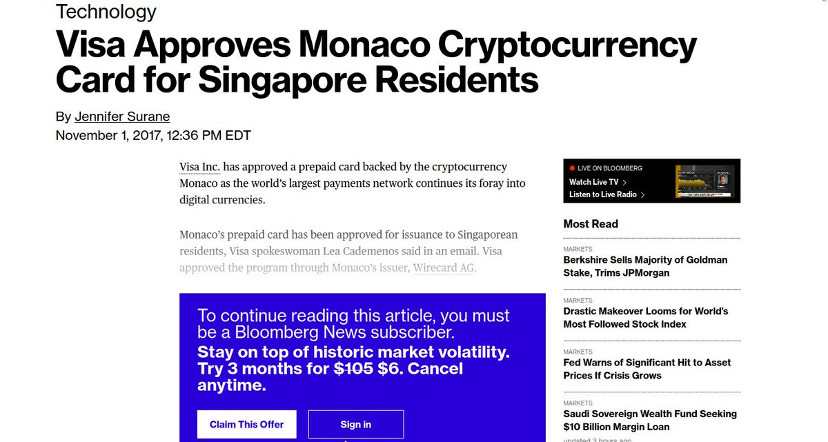 3/ If you're incredulous - that's understandable. However, it is worth noting that  $CRO (Monaco) *did receive the clear from Visa in 2018* (see below)[Reference:  https://www.bloomberg.com/news/articles/2017-11-01/visa-approves-monaco-cryptocurrency-card-for-singapore-residents]