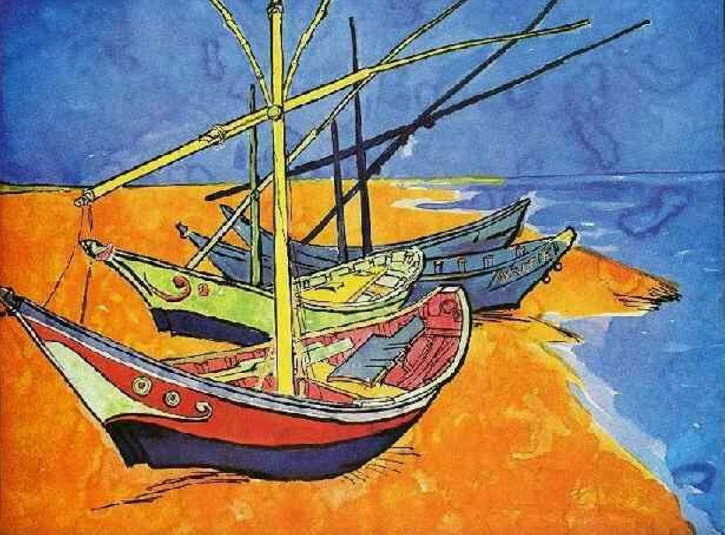 vangoghartist's tweet photo. Fishing Boats on the Beach at Saintes-Maries-de-la-Mer, 1888 #vincentvangogh #japonism https://t.co/iFbcXkUvkm