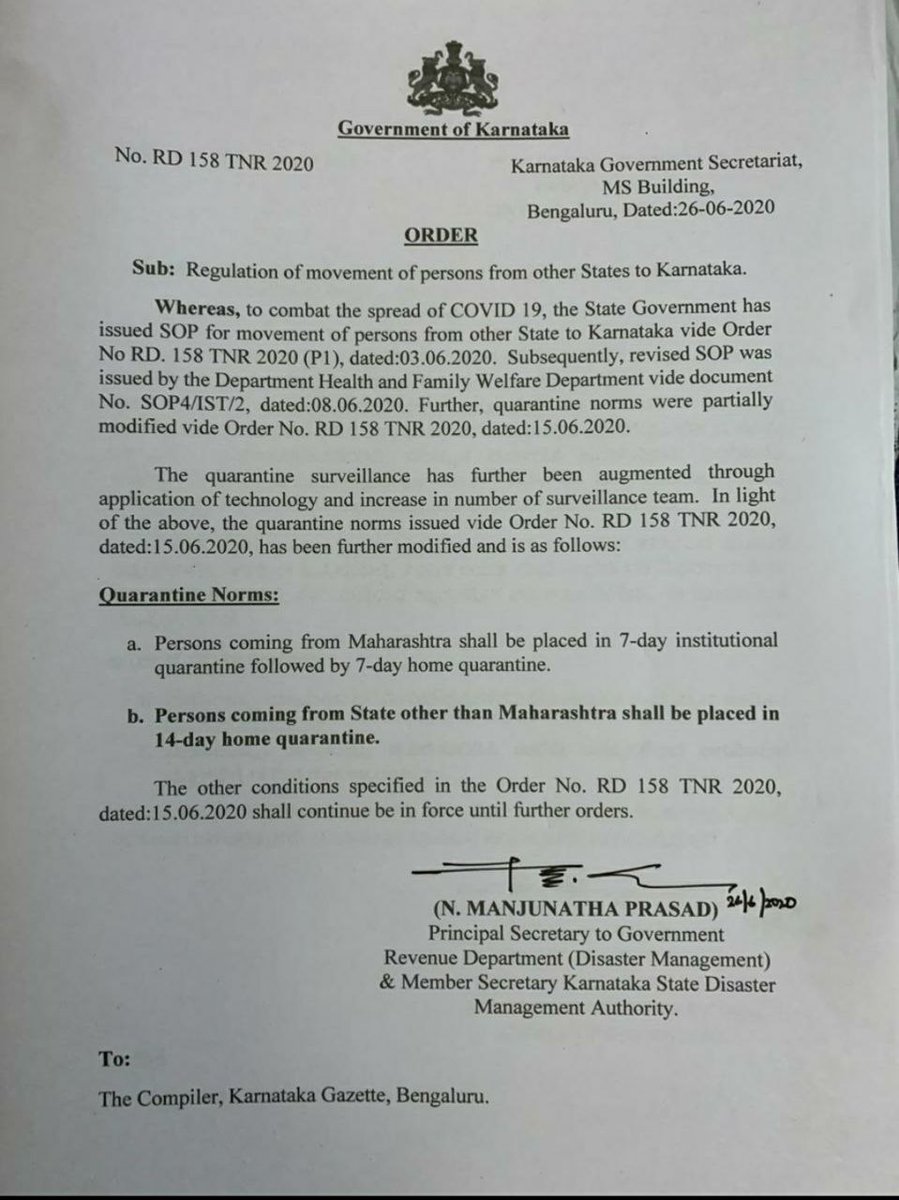 Karnataka_DIPR's tweet photo. The State Government has issued revised SOP for the movement of persons from other states to Karnataka.

#Covid19Karnataka #Janasnehi https://t.co/2J1KV0hXyU