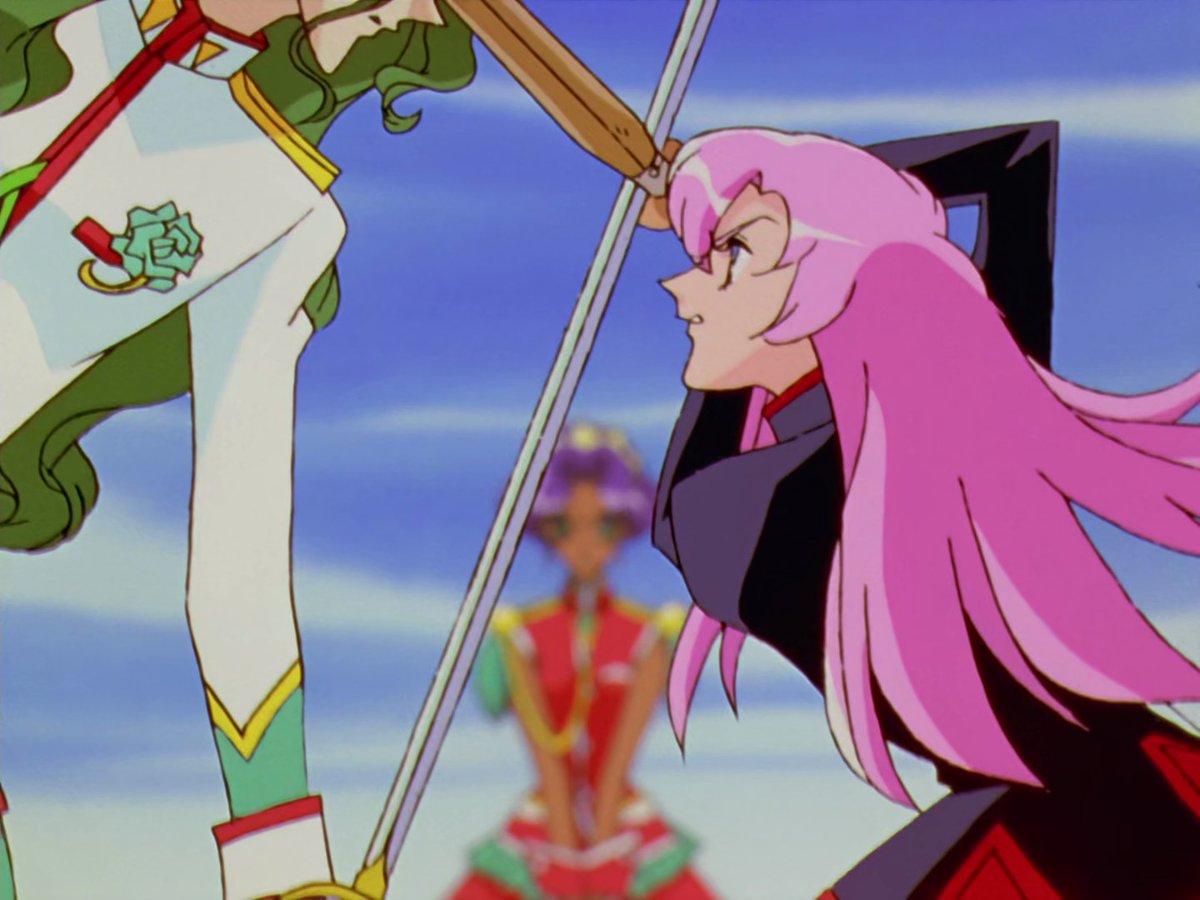 Utena's grasp of Saionji's kendo stick is a representation of her entering the the world of the duelist, sinking down to his level by using the same tactics as him, to accomplish the same goal.