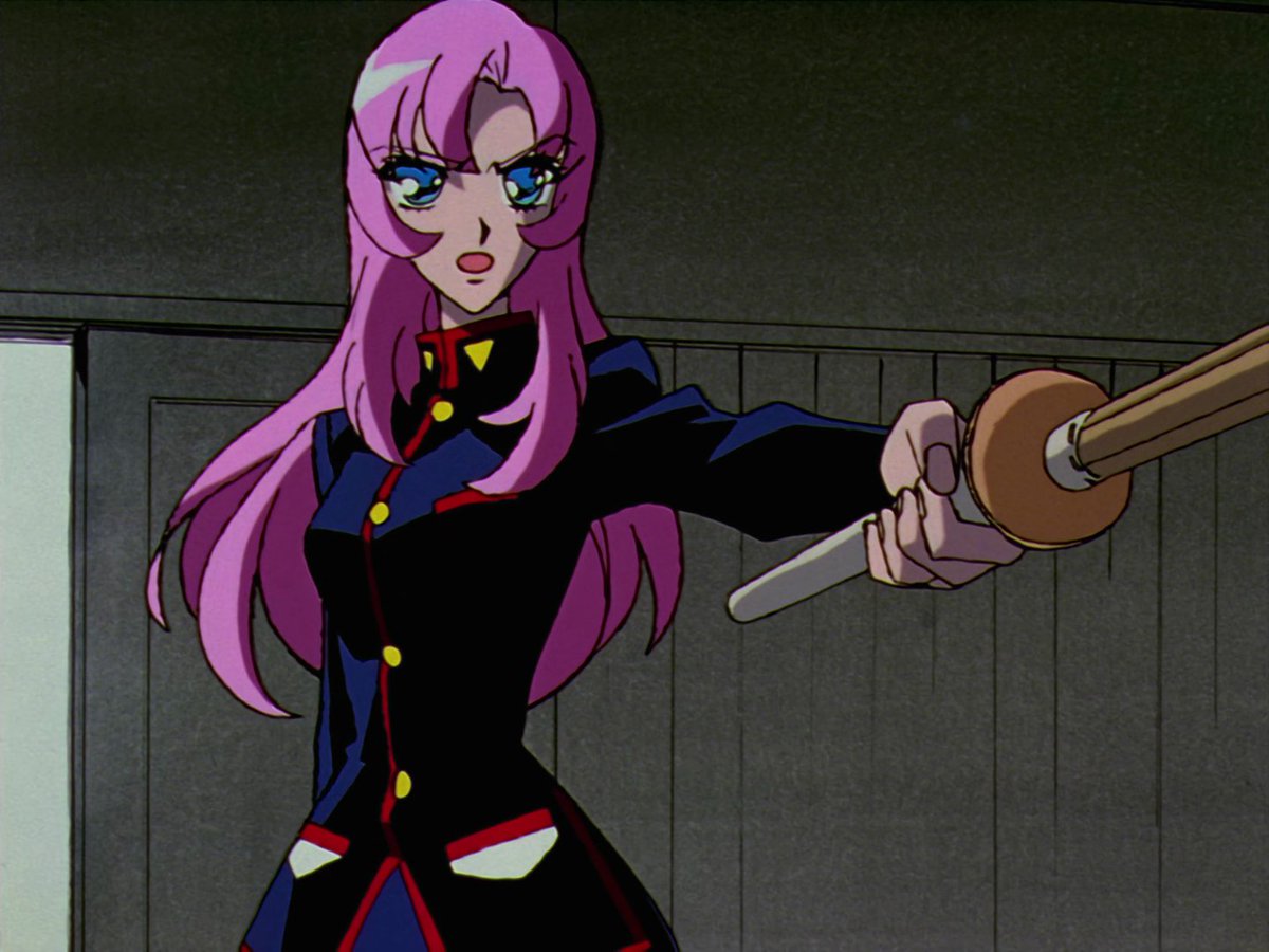 Utena's grasp of Saionji's kendo stick is a representation of her entering the the world of the duelist, sinking down to his level by using the same tactics as him, to accomplish the same goal.