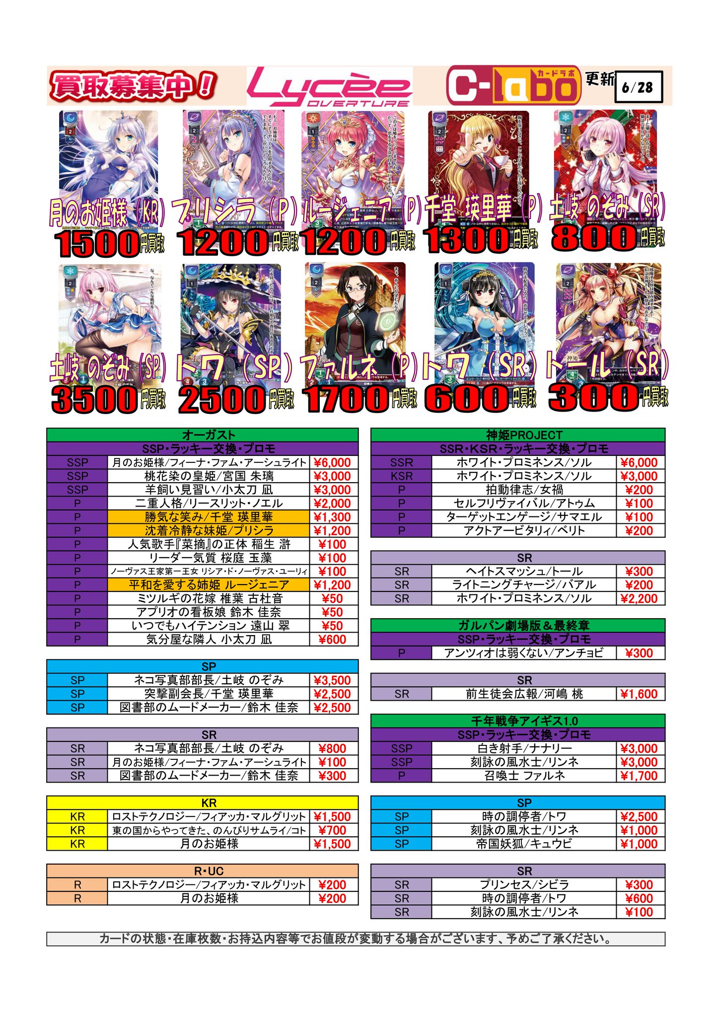 カードラボ秋葉原ラジオ会館本店 オンラインデュエルスペース稼働中 リセ買取 続いて新弾以外の買取表になります 今回はvaのカードを買取強化 立華 かなで Sr 1400 鳴瀬 しろは Sr 300 土岐 のぞみ Sp 3500 ファルネ P 1700 こちらも宜しく