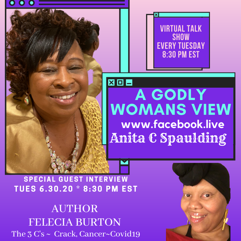 GodlyWomansView's tweet photo. The 3 C's with special guest author, Feleciia Burton, on A Godly Woman's View talk show 6.30.20 at 8:30 pm est

https://t.co/It4aSIktjt anita c. spaulding https://t.co/nSgXaUZKUU
