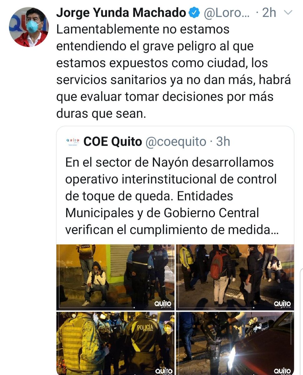 HolguerEC's tweet photo. .#ATENCION| el alcalde @LoroHomero advierte y, deja abierta la posibilidad que #Quito regrese a semáforo rojo. La #indisciplina social nos está conduciendo a tomar medidas extremas. #COVID19Ecuador los hospitales ya no tienen espacio #ULTIMAHORA https://t.co/J152AhbNMv