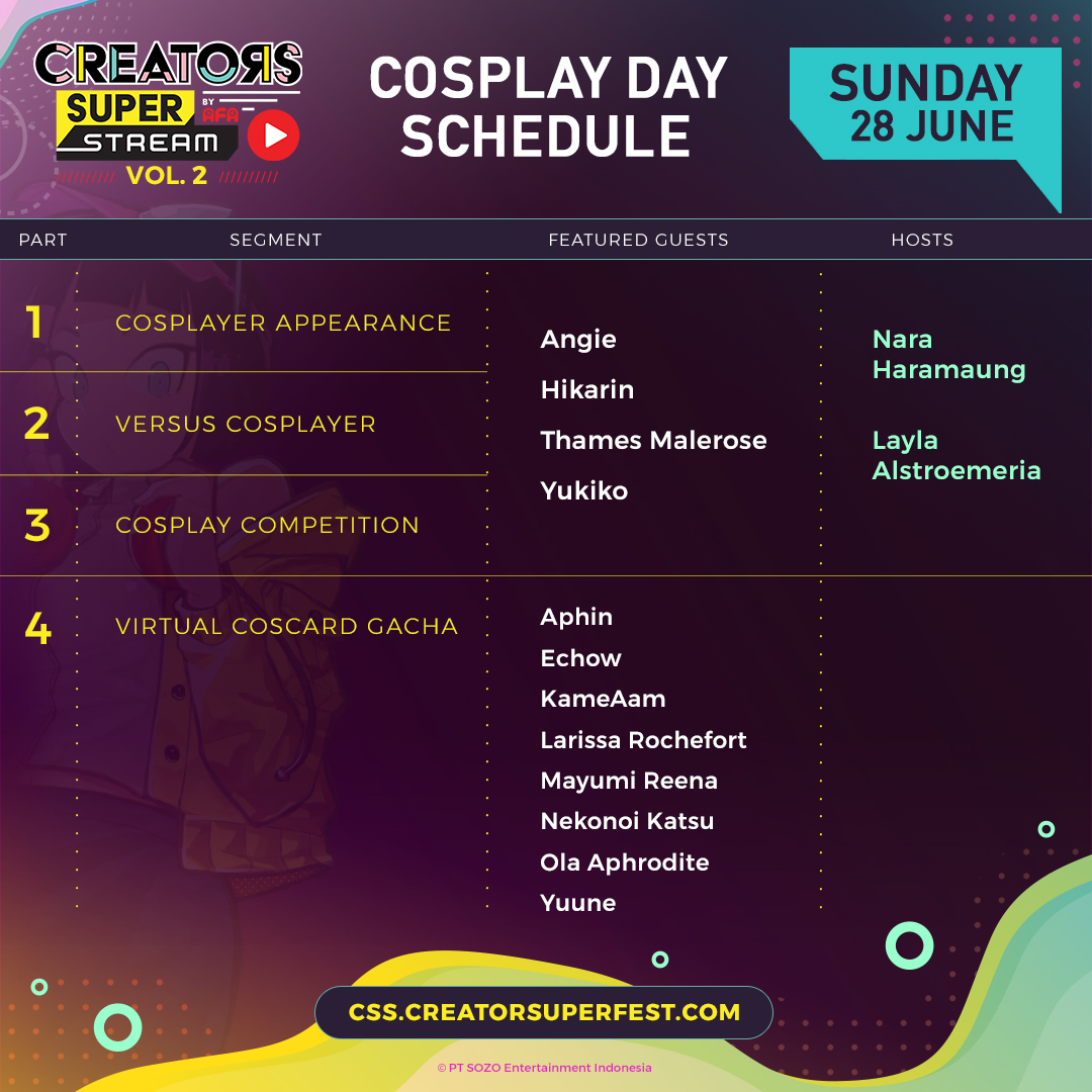 #CSSVol2 Cosplay Day akan tayang malam ini! Jangan lewatkan penampilan para cosplayer yang akan hadir!!

Acara akan dimulai jam 7 malam!
Dapatkan tiket disini!
css.creatorsuperfest.com/tickets/

*Stream dalam Bahasa Indonesia

css.creatorsuperfest.com

Stay Home, Stay Safe, Stay Creative!