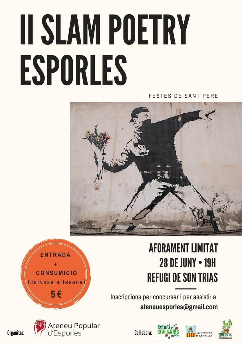 Avui diumenge, Slam poetry! Encara queden places. Inscripció imprescindible per email a ateneuesporles@gmail.com