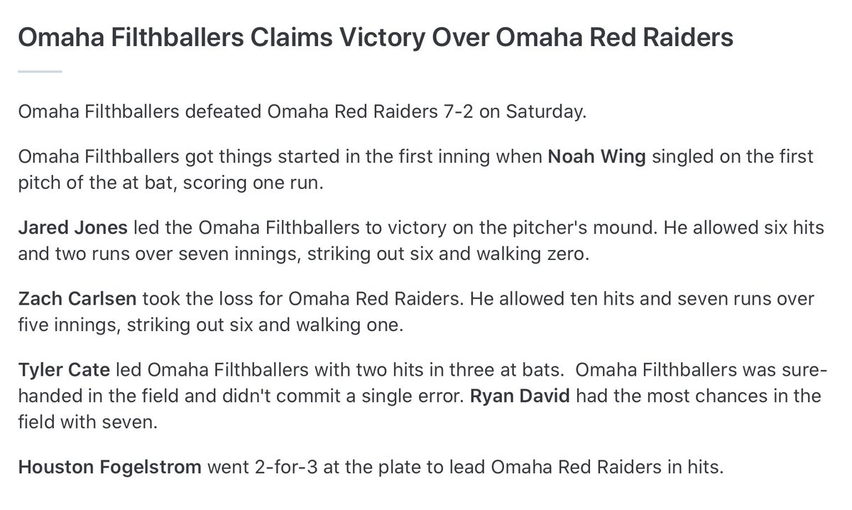 CornBeltLeague's tweet photo. Filthballers take down the Red Raiders 7-2 behind a solid pitching performance from Jared Jones (@DWUBaseball) who went all 7 innings giving up 2 runs on 6 hits with 6 K’s. Cate (@USF_Baseball) led the Filthballers with 2 hits. https://t.co/b3vvlhg3Gv
