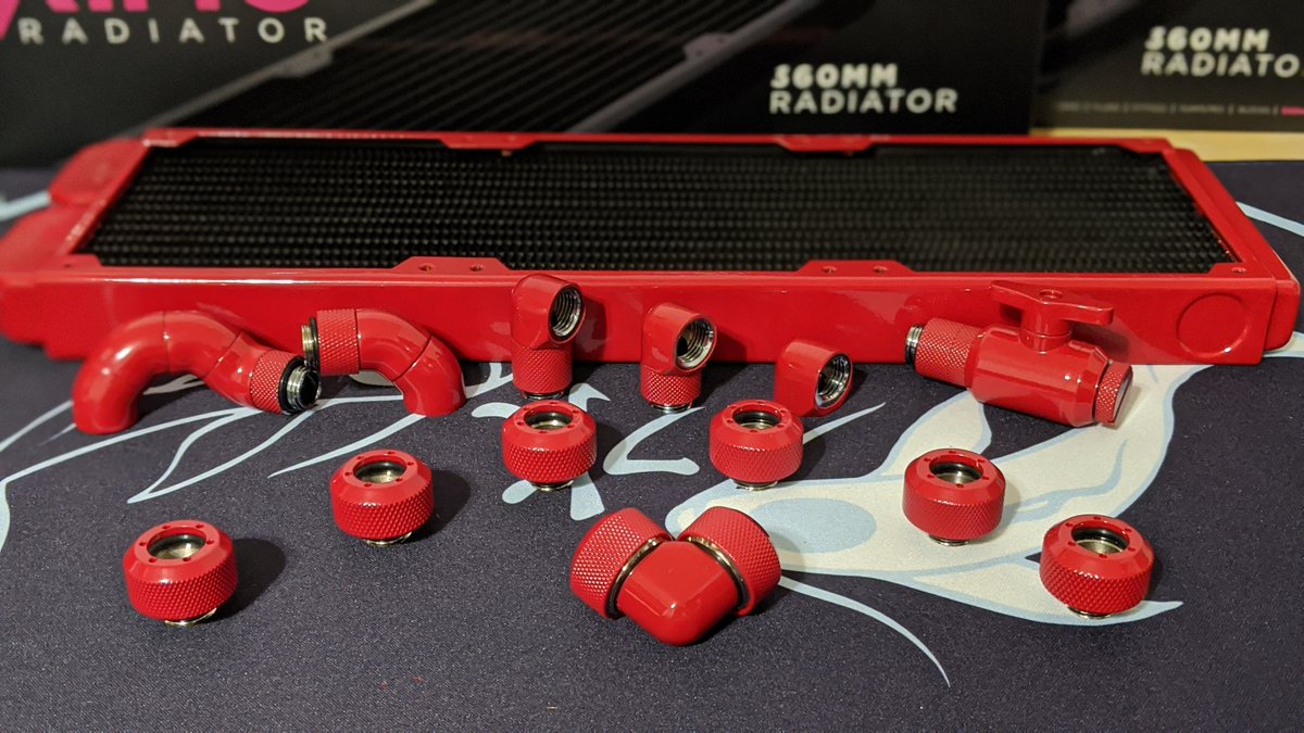 RoninMechaWorks's tweet image. The Razor Red from Primochill looks awesome in person!  Received an assortment of fittings, dual 360 slim radiators, and some PETG tubing!  The @HITCOMMAND base station is coming along!

#HItCommand #PCBuild #SponsoredBuild #Intel #IntelGaming #roninmechaworks #watercooling