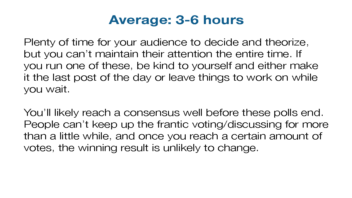 Poll lengthTwitter allows polls to run for any amount of time from 5 mins to 7 days. How long should you make yours?