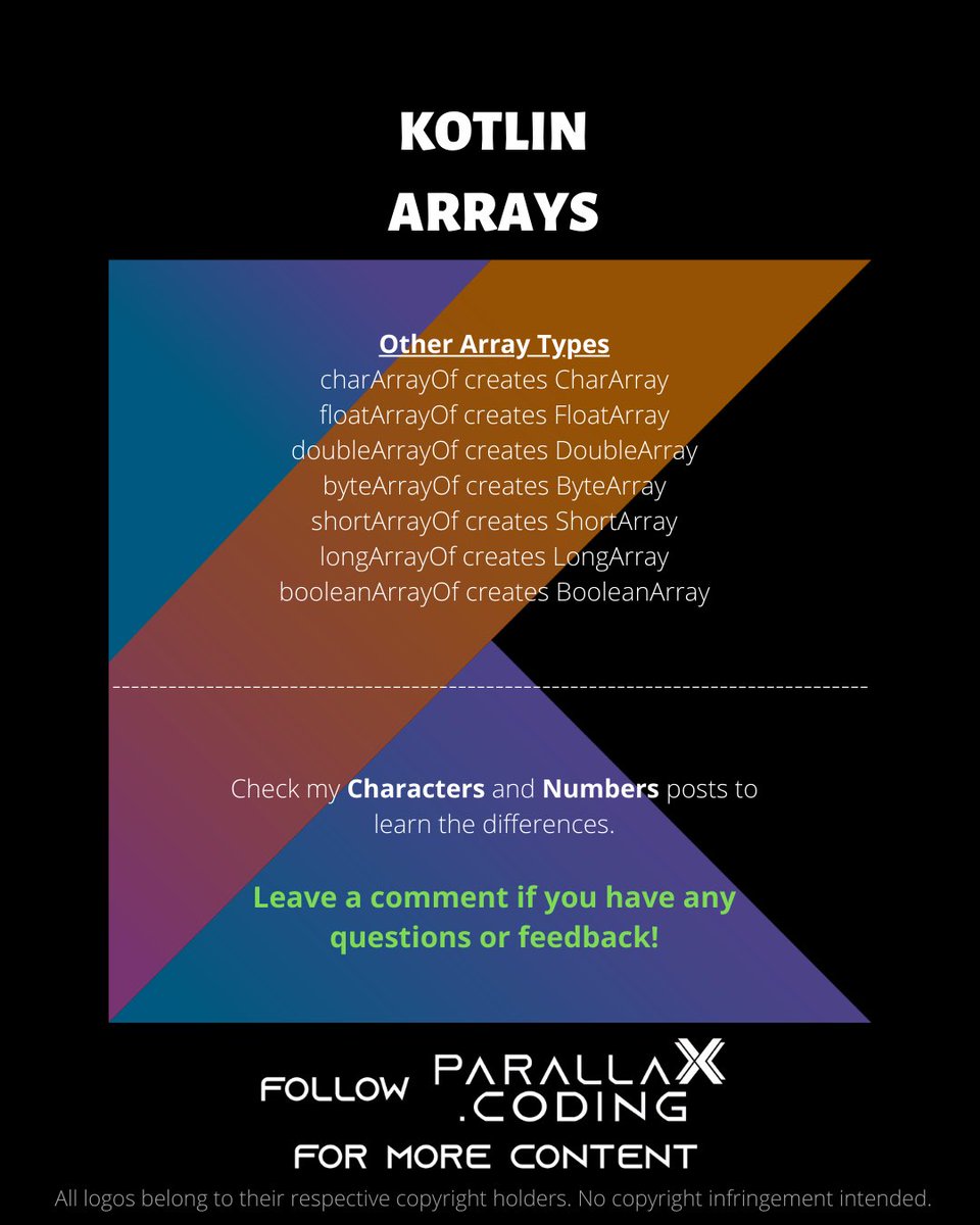parallaXcoding's tweet image. Kotlin: Learn About Arrays 📚 | 𝙃𝙖𝙣𝙙𝙢𝙖𝙙𝙚 𝙛𝙤𝙧 𝙮𝙤𝙪 𝙗𝙮 𝙥𝙖𝙧𝙖𝙡𝙡𝙖𝙓.𝙘𝙤𝙙𝙞𝙣𝙜 #app #mobile #coding #android #ios #dev #developer #programming #programmer #code #computer #kotlin #java #100DaysOfCode #software #softwaredeveloper #google #LearnToCode #education