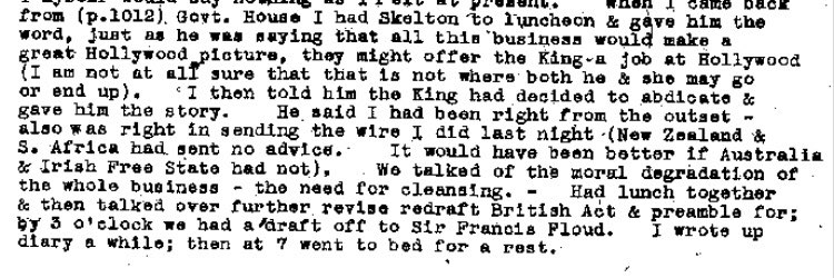 King breaks the news to Skelton that abdication is imminent. Skelton jokes that Edward VIII might have a future in Hollywood given his penchant from drama.