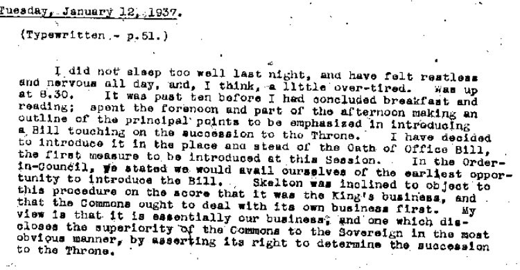 King decides to let parliament vote on succession in its first sitting (rather than a pro forma bill) to “disclose the supremacy of the Commons to the Sovereign... by asserting its right to determine the succession to the Throne.”