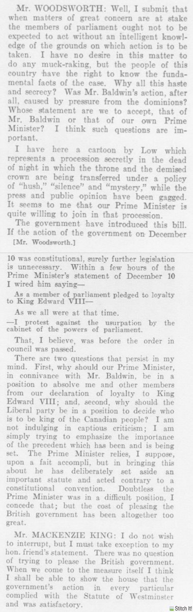 Woodsworth raises a lot of issues with how the gov’t has acted — he questions swearing an oath to the new King before parliament assents to his succession & he criticizes consent having been given without parliament being consulted first.