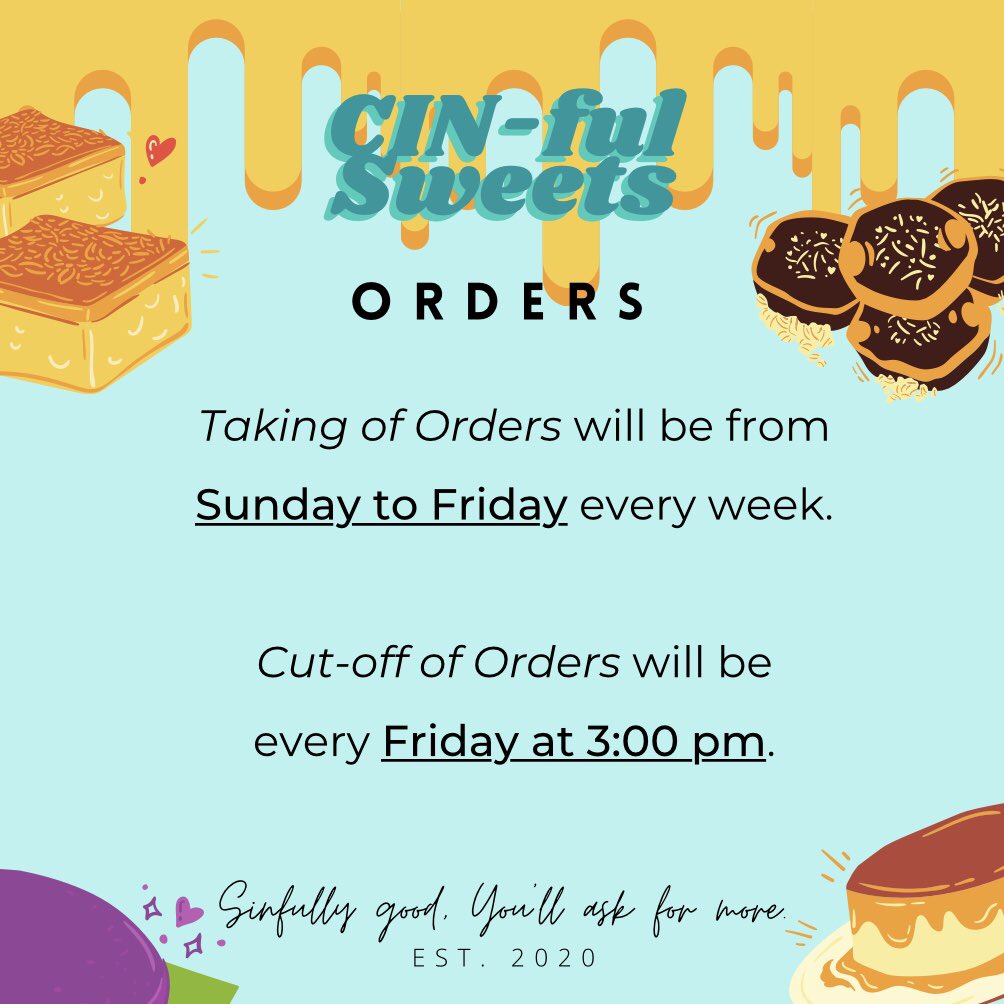 irachristele's tweet photo. At dahil iccommence namin ang legal practice namin during a โdebilitating pandemicโ, bili na ng CIN-ful Sweets! ๐๐๐
#SupportLocal #SupportSmallBusinesses #Kakanin #LecheFlan #UbeHalaya #UbeFlan #FloatingIsland #BlackKutsinta #Cassava #MoronSuman #MajaBlanca #SinfullyGood https://t.co/bSu6kRl5hO