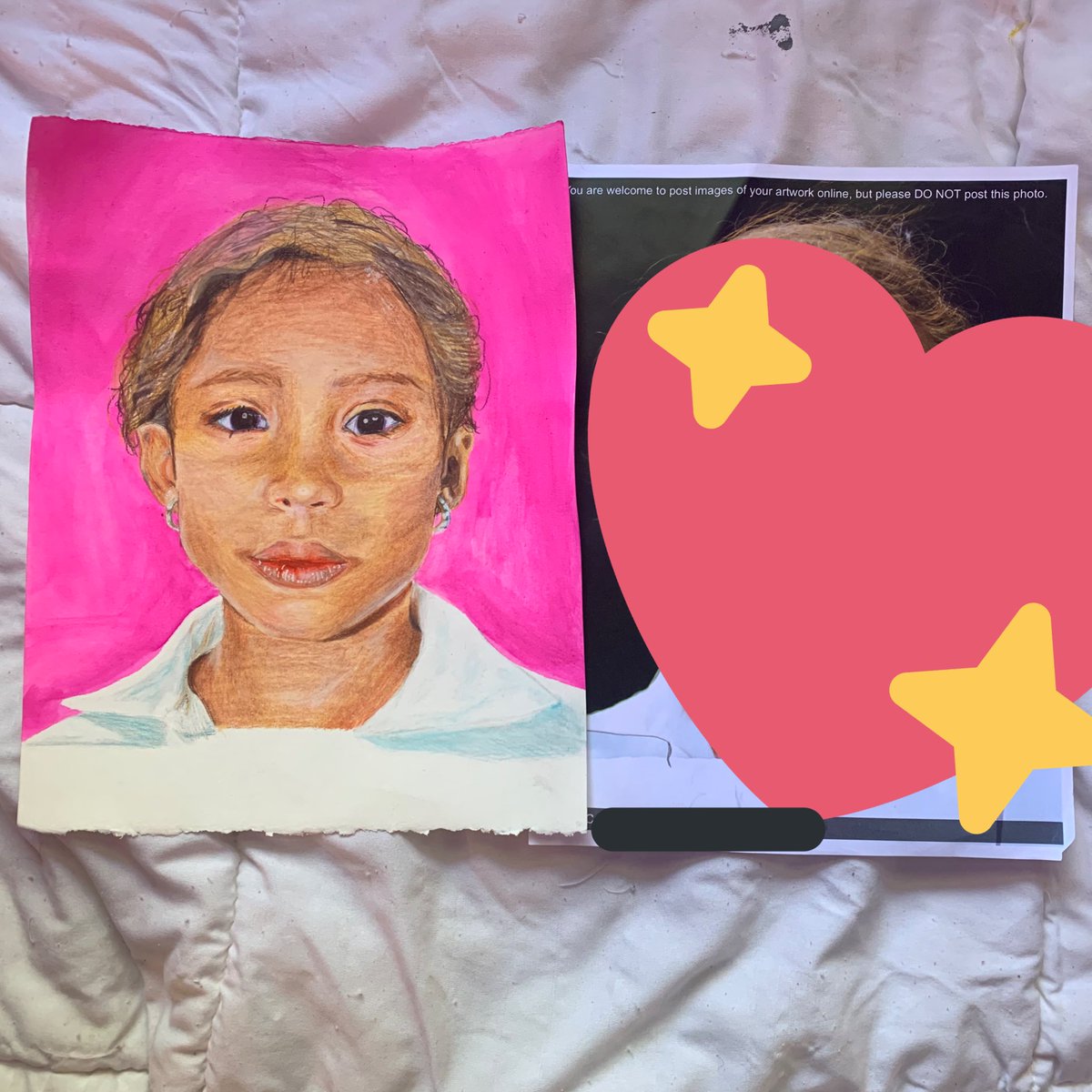 im not allowed to post the little girl’s picture but i drew her with colored pencils and sent it to her hehe