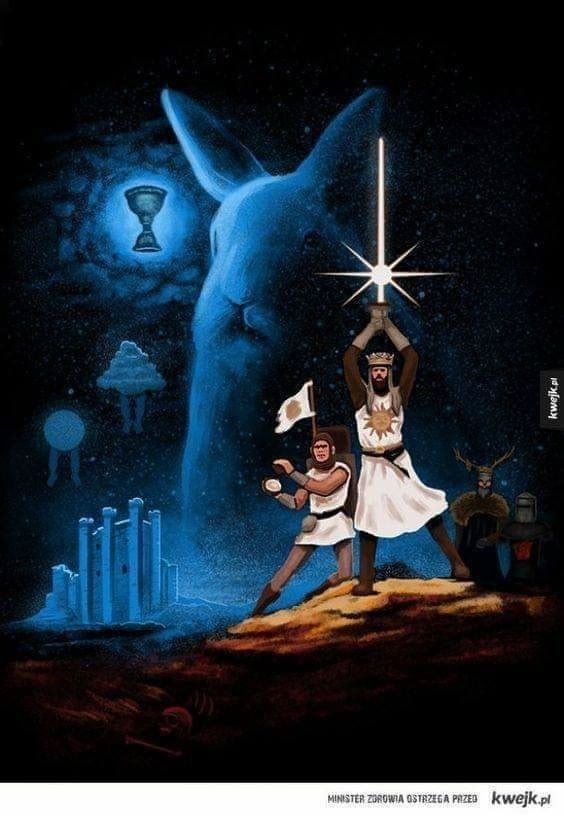 A Star Wars Episode IV like poster made for the film Monty Python and the Holy Grail. The background contains a faint, light blue image of a rabbit. There are also many other images from the film included in the picture. The bottom right has the black night and a knight who says Nie. The foreground has King Arthur and his coconut playing squire. To the left, in light blue are the castle and a sun with legs and a cloud with legs. Above the cloud is the holy grail in light blue acting like the moon.