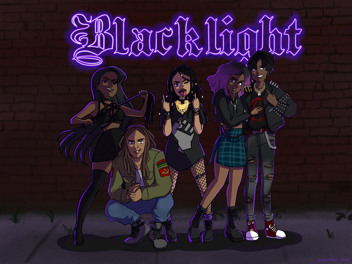 A cartoon image of five Black, goth-styled teenagers stand facing the camera