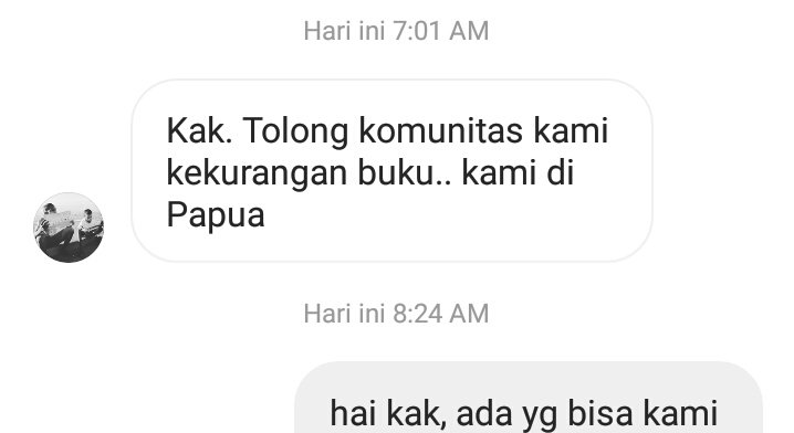 ⚠ Twitter please, we need ur magic
[BANTU ADIK" DI PAPUA MENDAPATKAN BUKU UNTUK BELAJAR]

Pagi tadi, ig komunitasku dapet dm dari salah satu relawan pengajar di Papua. Karena aku adminnya, aku bsa tau isi dmnya. Awalnya begini