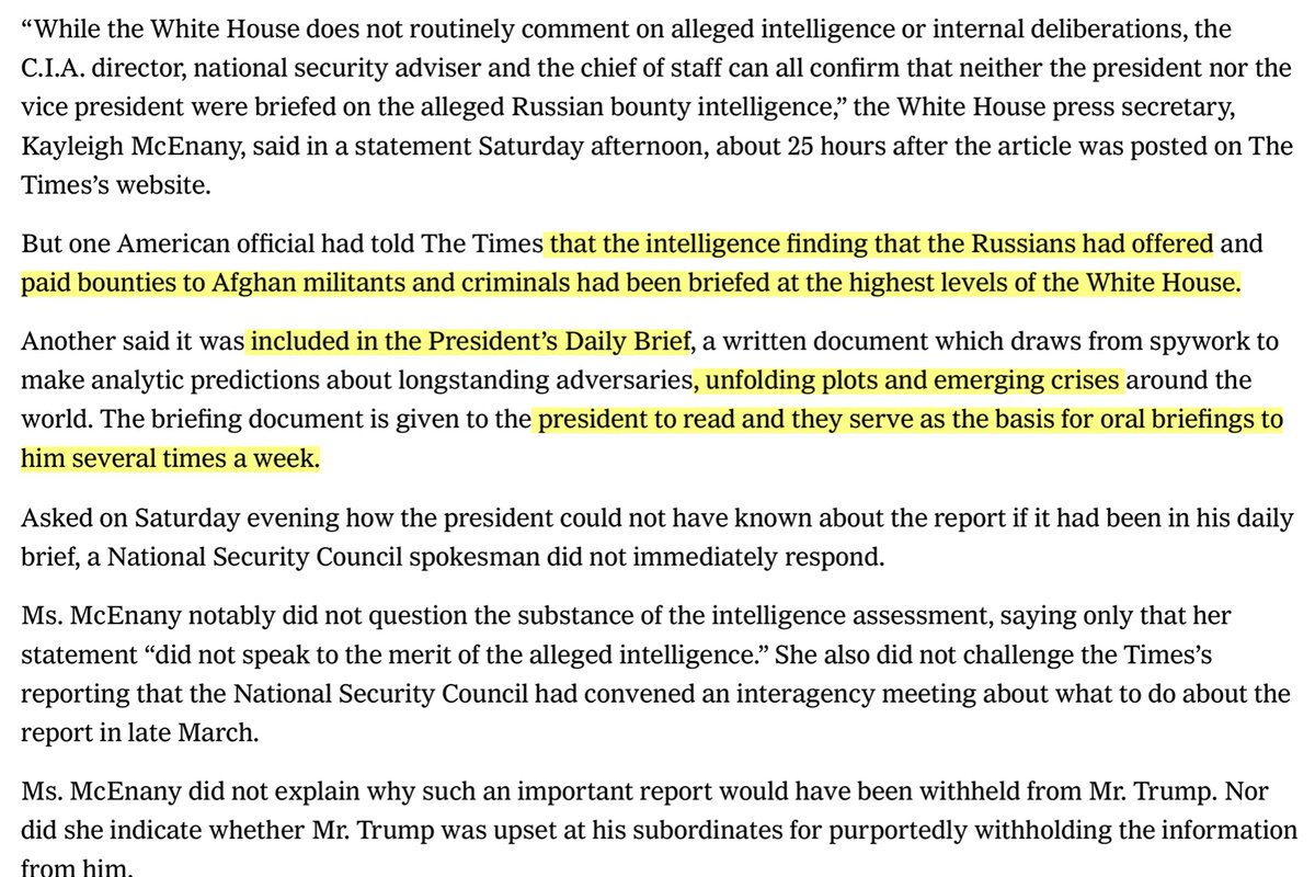 THERE IT IS“Another said it was included in the President’s Daily Brief, a written document which draws from spywork to make analytic predictions about longstanding adversaries, unfolding plots and emerging crises..”<temporarily lifted my NYTs embargo> https://www.nytimes.com/2020/06/27/us/politics/trump-russia-bounties-afghanistan.html#click=https://t.co/mVQRWtq29h