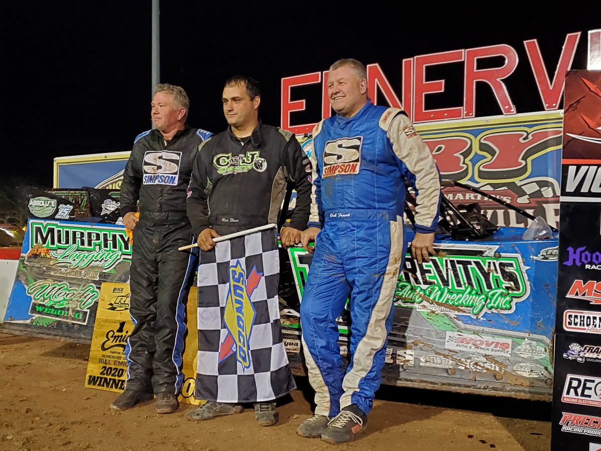 Lernerville's tweet image. Tonight's @RUSHLM #Emig Memorial podium finishers!
1st: @blairwon11 
2nd: Chub Frank
3rd: @boom99b