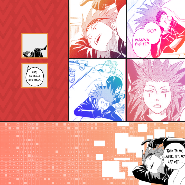 viiixel's tweet photo. #8daysofaxel | vii. vacation / day off
I decided to make some graphics using scenes from the 358 / 2 Days manga where Axel is being lazy / having his day off~
Includes:
- 1 phone bg
- 1 Twitter Header
- 7 Icons
Find them here: https://t.co/J9chEYYxOI https://t.co/1XiGL8jtem