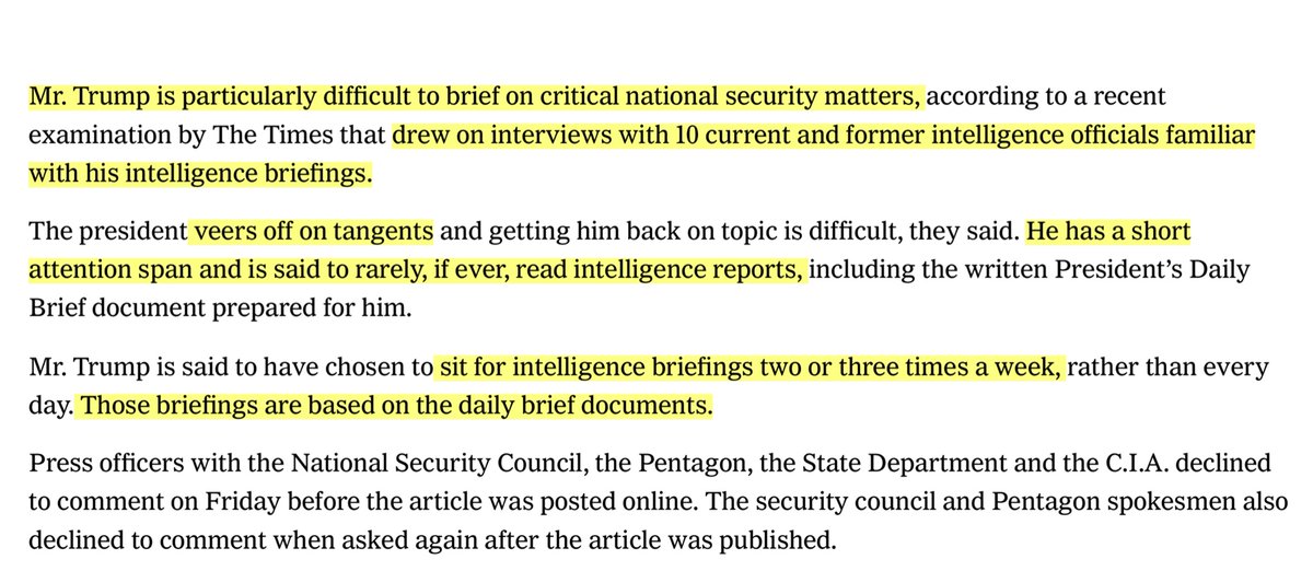 “The president veers off on tangents and getting him back on topic is difficult.. He has a short attention span and is said to rarely, if ever, read intelligence reports, including the written President’s Daily Brief...”But  @jaredkushner not only reads the PDB he asks for MORE