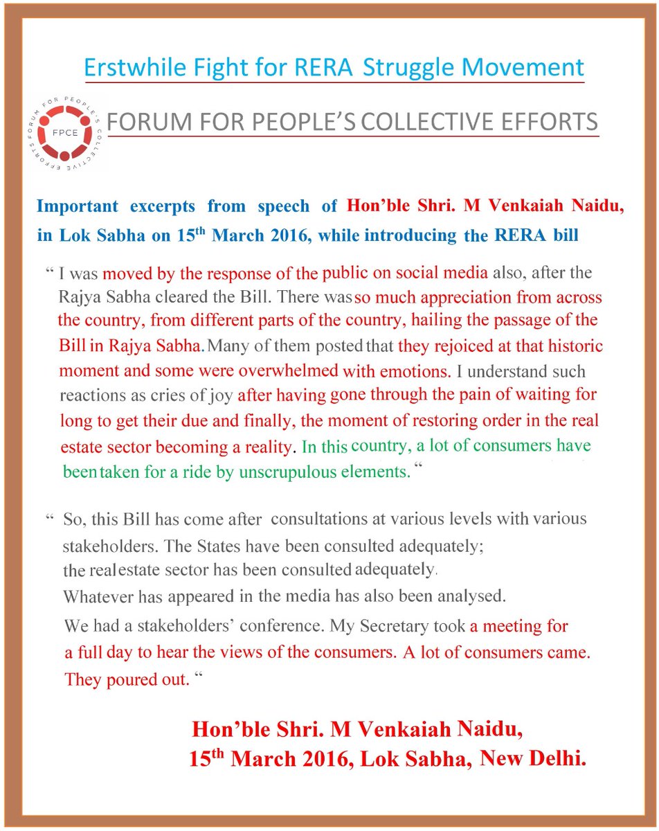 FightForRERAInd's tweet photo. @HardeepSPuri it is unfortunate fact @MoHUA_India has forgotten our role in RERA enactment &amp; lost its PRE RERA enthusisam to support #consumers &amp; now turned deaf ears to resolve many genuine concerns on #RERA enforcement instead extending warm Red carpet Welcome to #Builders. https://t.co/G3v08ODxOf