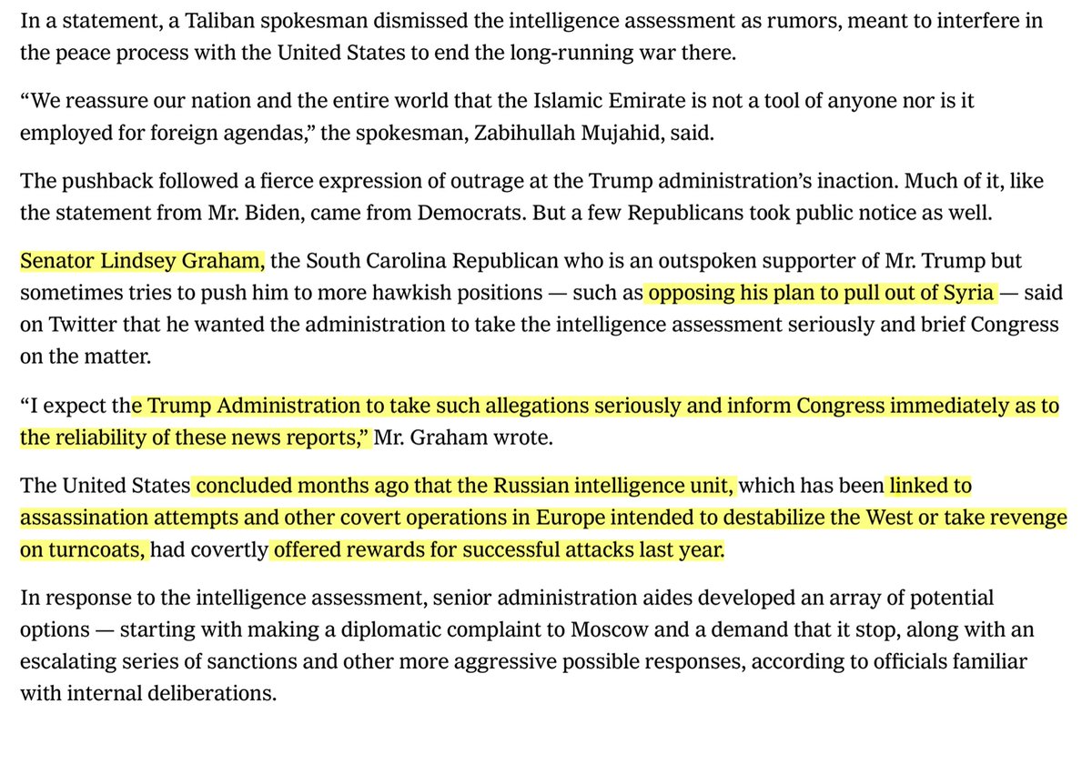 You do understand;I don’t use the word “traitor” or “treason” causally.I do that on purpose, as to convey the import of me saying; @realDonaldTrump  @jaredkushner  @SecPompeo  @VP are fucking traitors, who likely committed treason & violated their oaths  https://www.nytimes.com/2020/06/27/us/politics/trump-russia-bounties-afghanistan.html#click=https://t.co/mVQRWtq29h