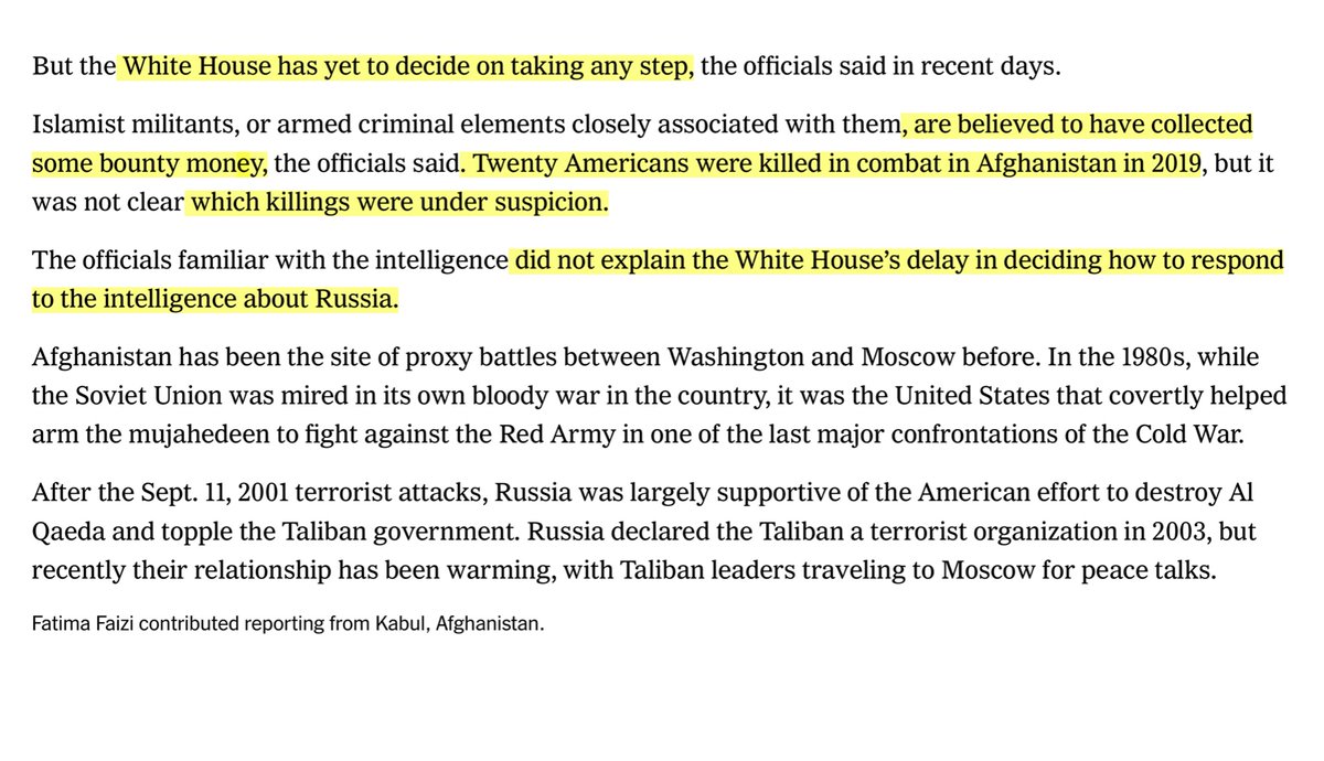 “Islamist militants, or armed criminal elements closely associated with them, are believed to have collectedsome bounty money.. Twenty Americans were killed in combat in Afghanistan in 2019, but it was not clear which killings were under suspicion” https://www.nytimes.com/2020/06/27/us/politics/trump-russia-bounties-afghanistan.html#click=https://t.co/mVQRWtq29h