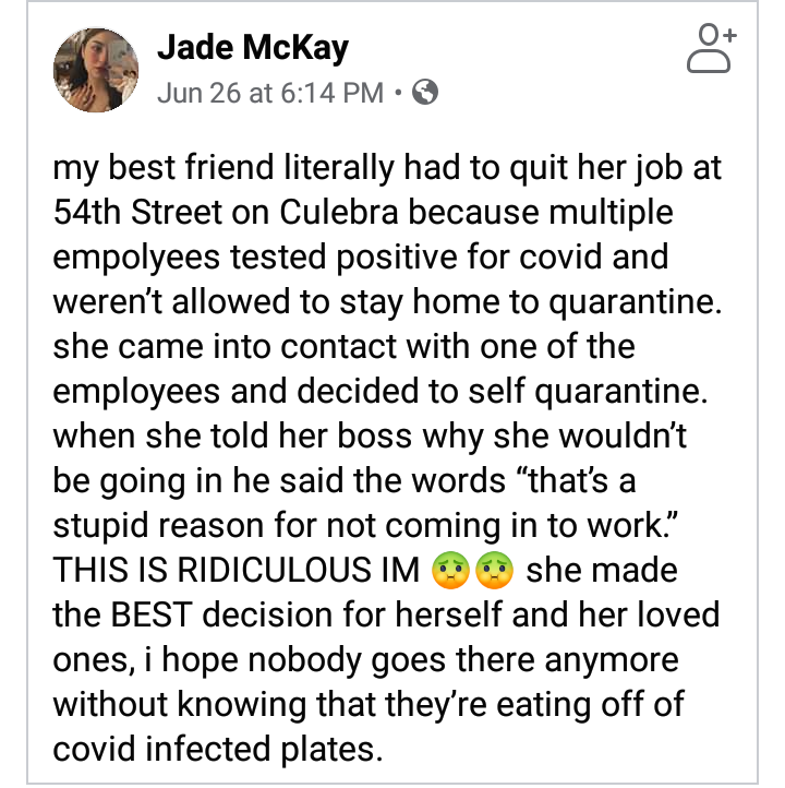 yogirlALF89's tweet photo. Avoid 54th Street on Culebra and any corporate chain restaurants!! To them, it's all about profits, not the people😧 https://t.co/sXcumduUDG