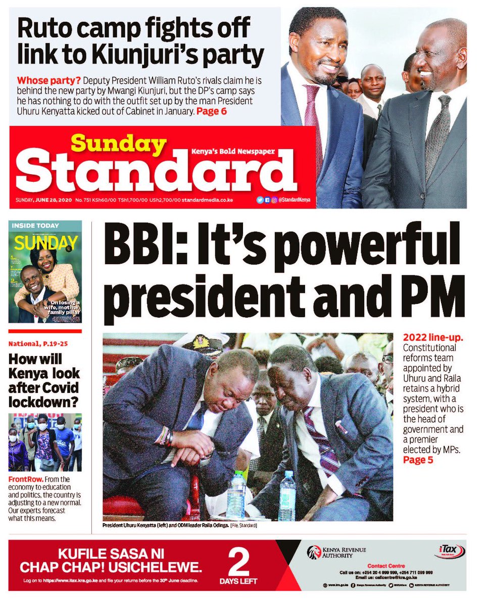 StandardKenya's tweet photo. BBI: It’s powerful President as head of government and a Prime Minister elected by MPs

Grab a copy at your nearest vendor

Subscribe: https://t.co/PVgVOZm8u3
:

#SundayStandard  #StandardDigital https://t.co/X6Y2YUL2ZO