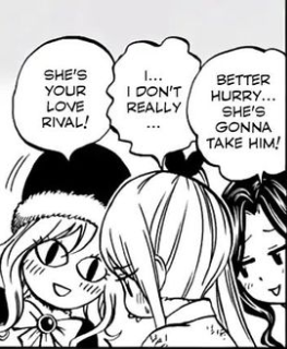 Day 180 of 366 of NaluLucy embarrassed about Juvia and Cana teasing her about having feelings for Natsu look at her face lol!Then Lucy a bit jealous about someone else having affection for Natsu look at Juvia and Gray looking at her Lol