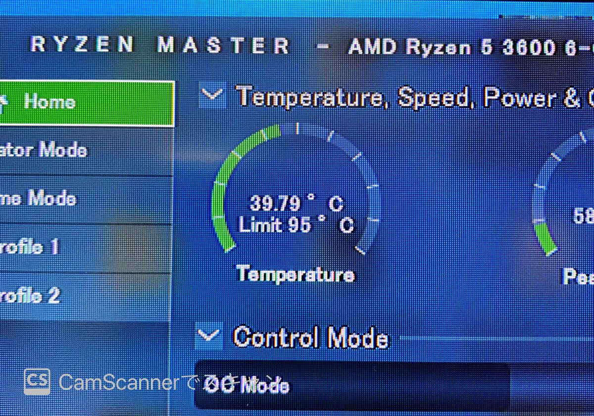 masabuu_is01's tweet photo. うちのRyzen5-3600。アイドル時39.7℃、マルチコア全開時59.0℃、シングルコア全開時50.3℃。BIOSでは1.10Vの4.2Ghz固定。しかし、Ryzenmasterでは、クロック可変してる模様? #Ryzen5 #AMD #ASRock #コルセア #H110 #B450M https://t.co/MUZ5cS700s