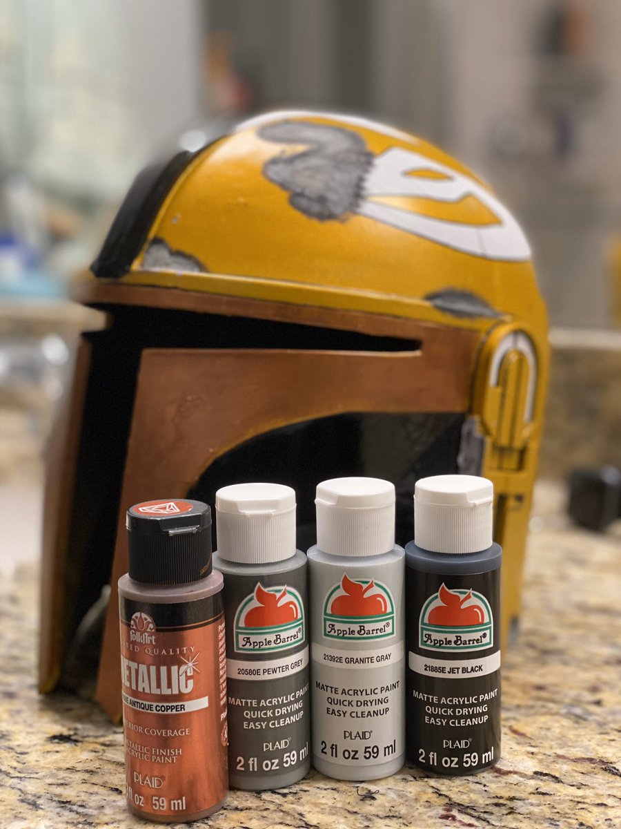 I’m asked often how do i do our weathering and battle damage...so heres what I use to make the desired appearance. Applebarrel jet black, applebarrel granite gray, Applebarrel pewter grey, folkart metallic antique copper. I love the plaid paints, they are easy to use <a href="/PlaidCrafts/">Plaid Crafts</a>