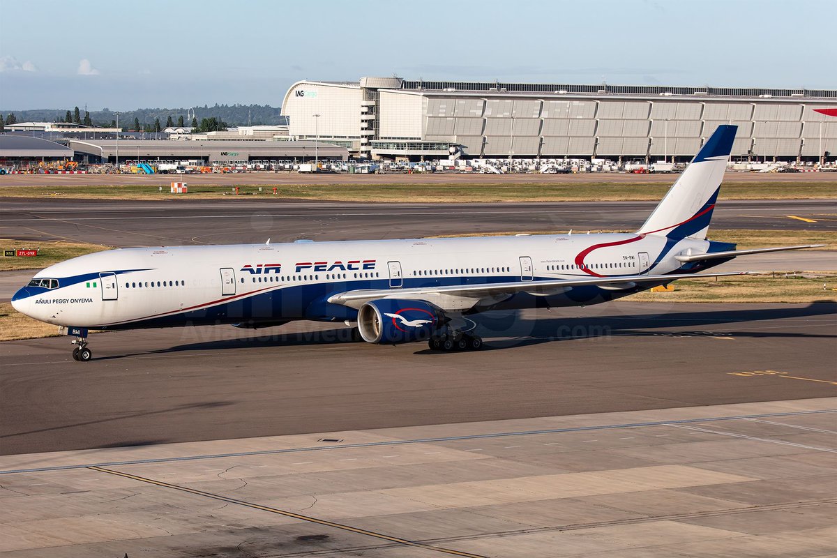 The rare Air Peace <a href="/Boeing/">The Boeing Company</a> 777-300, registered 5N-BWI, visited <a href="/HeathrowAirport/">Heathrow Airport</a> earlier this morning on a repatriation flight from Lagos, Nigeria. Image © <a href="/v1images/">v1images Aviation Media</a> / Anselm Ranta buff.ly/31oRqSX