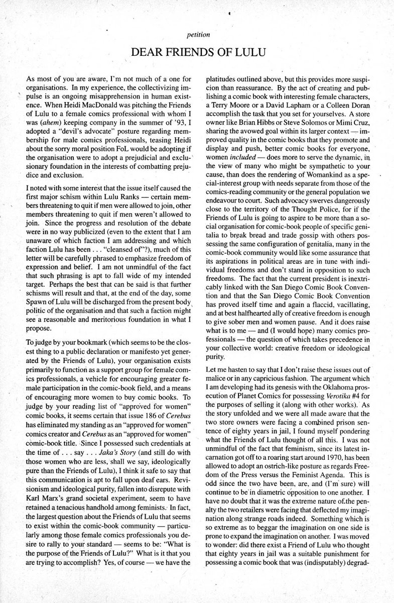So around 186 or there about the comic loses focus really. You get his problems with people and huge editorials that go off the deep end. you et these long ramble text pieces about his thoughts on women, regions and everything about the comic industry cerebus loses focus,