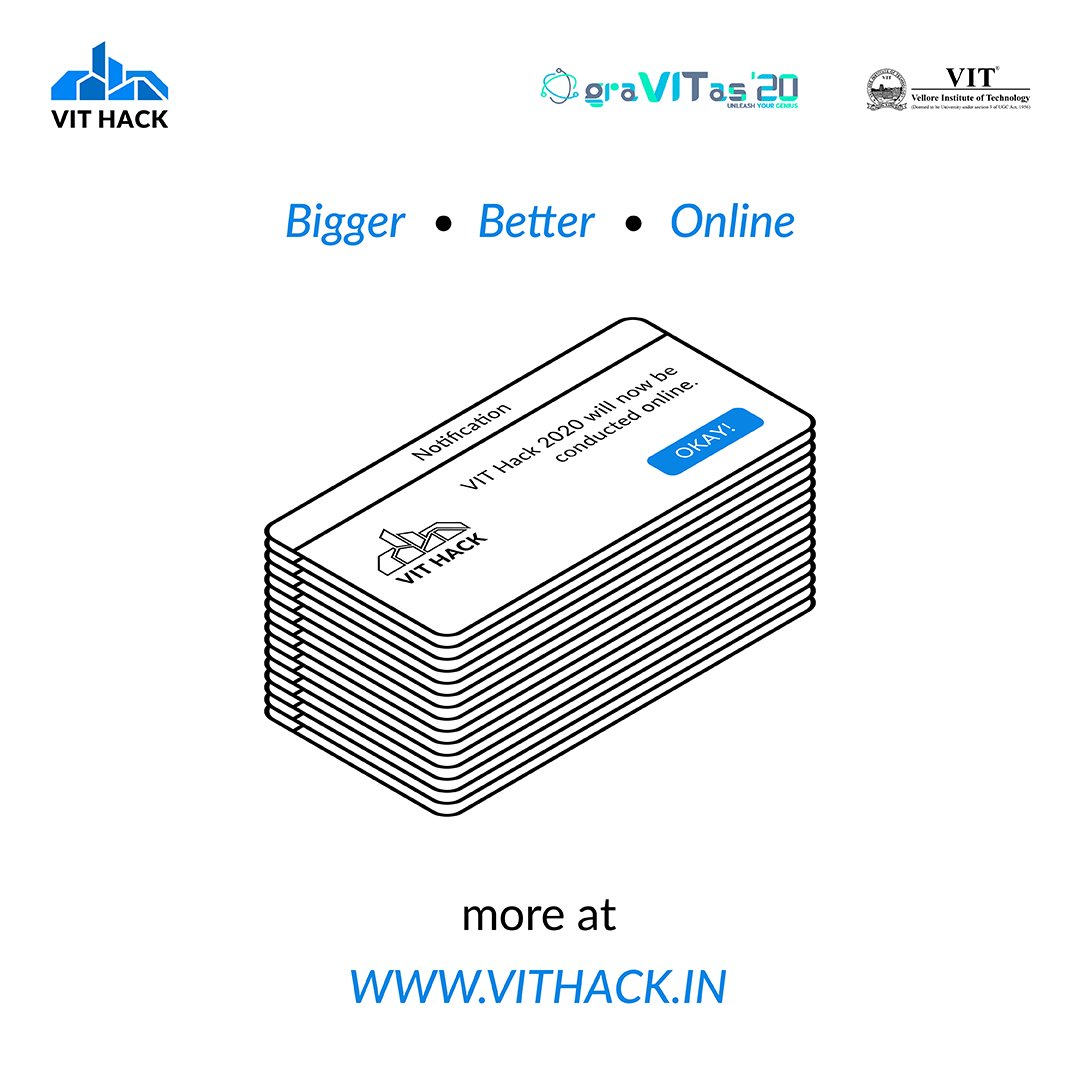 VITHack2020's tweet photo. Get ready for #VITHack 2020!
VIT #Hack 2020 is all about creating a future inspired by changes for the betterment of #mankind. With the guidance of industrial #leaders and your ideas, VIT Hack aims at tackling real world #problems and to spark #innovation.
See you soon! https://t.co/GjzfCAlVcn