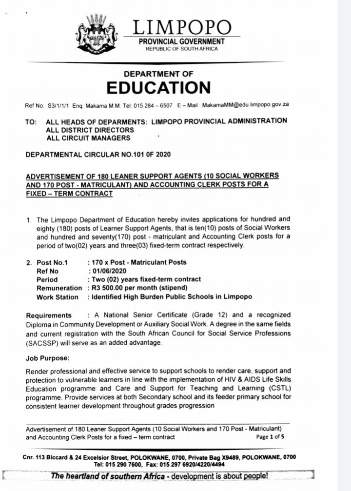 <a href="/AdvoBarryRoux/">Man’s NOT Barry Roux</a> VACANCIES at Department of Education in Limpopo...check THREAD - 180 posts. Don't ignore ♥ RETWEET and 🤗 FOLLOW me for daily adverts.
